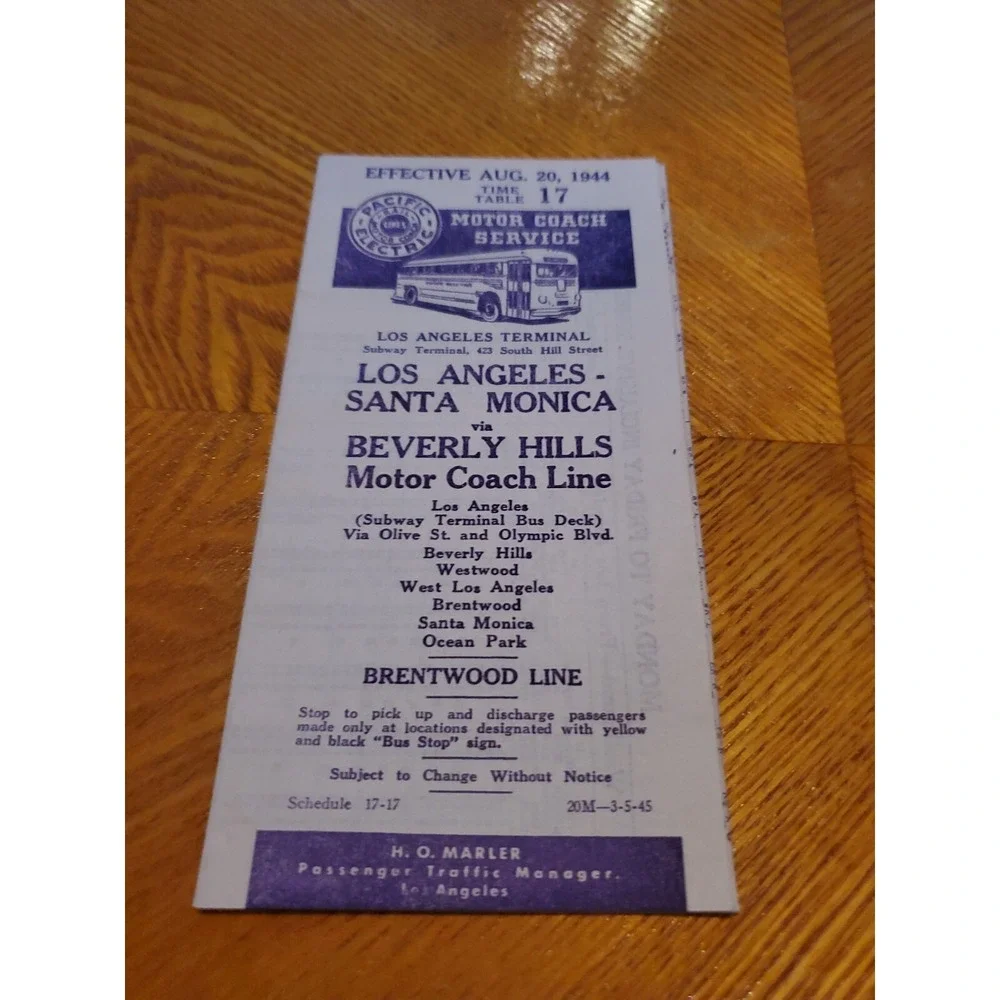 1944 Pacific Electric Rail Motor Coach Timetable Los Angeles Beverly Hills